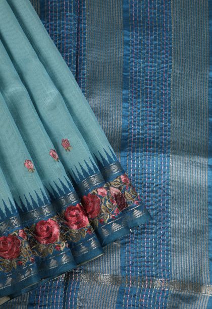 Sky Blue Raw Silk Sarees with Without Zari Zari Floral Patterns