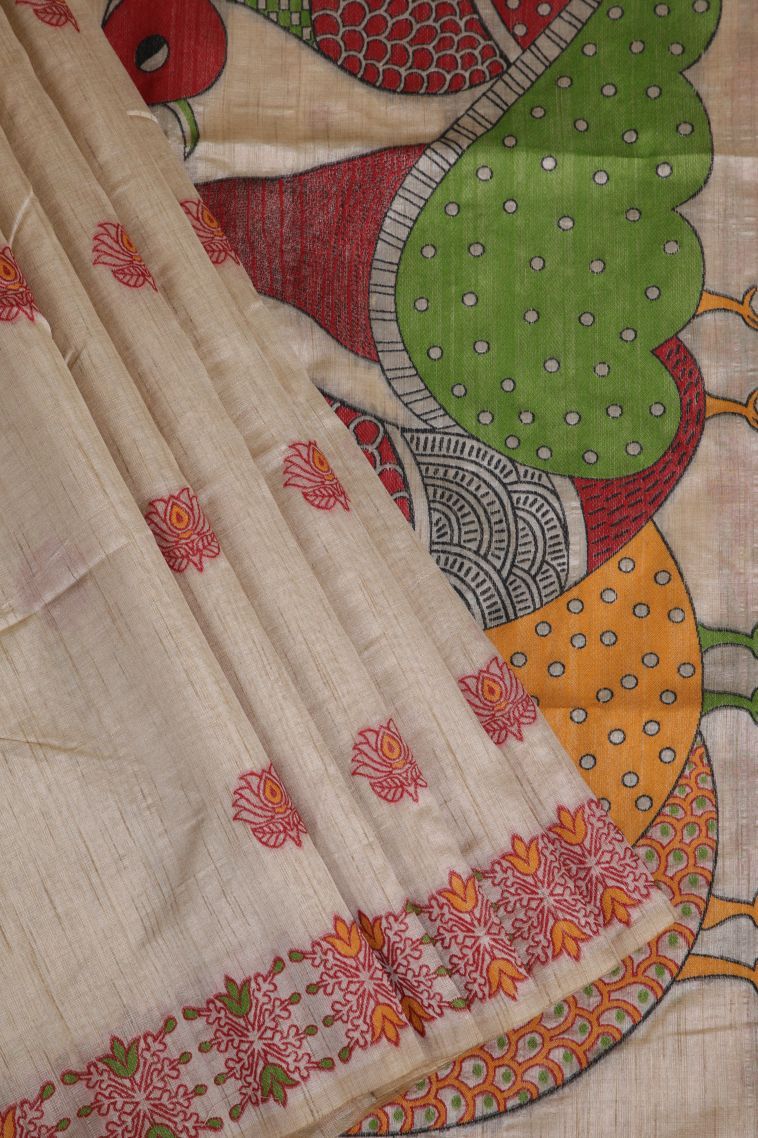 Cream White Tussar Saree with Without Zari Zari Floral Patterns view 1