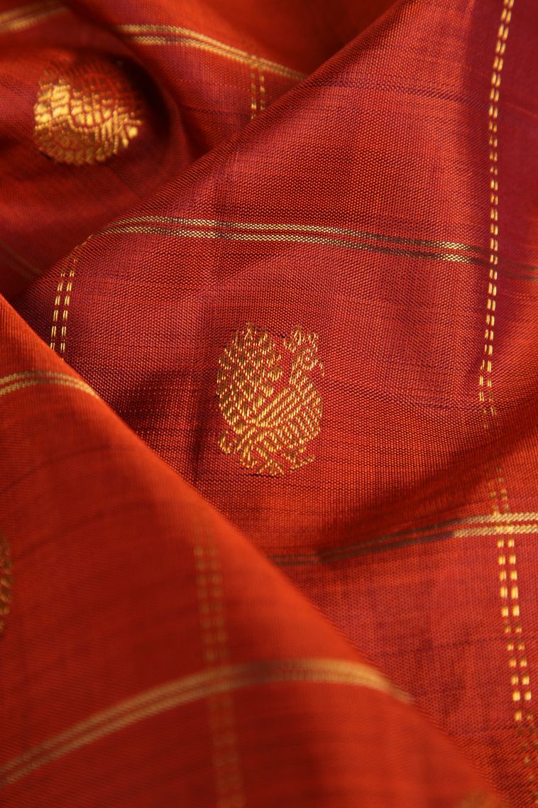 Yam Orange Kanchipuram Silk Sarees with Gold Zari Checks And Puttas view 4
