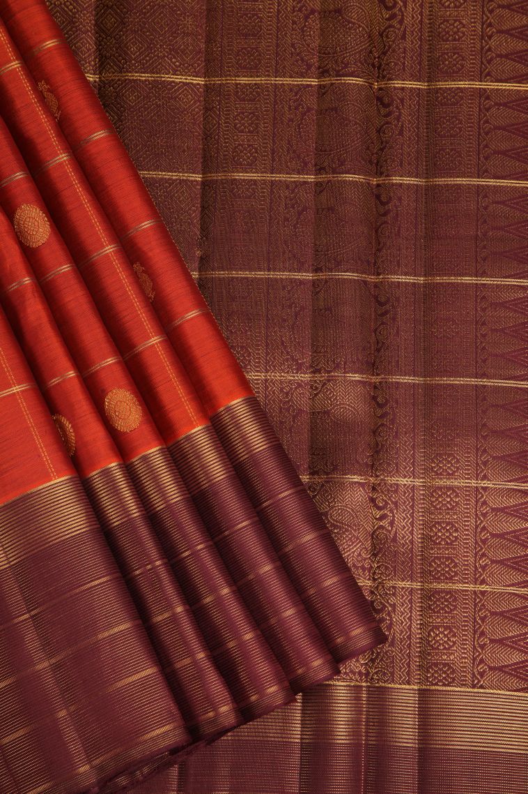 Yam Orange Kanchipuram Silk Sarees with Gold Zari Checks And Puttas view 1