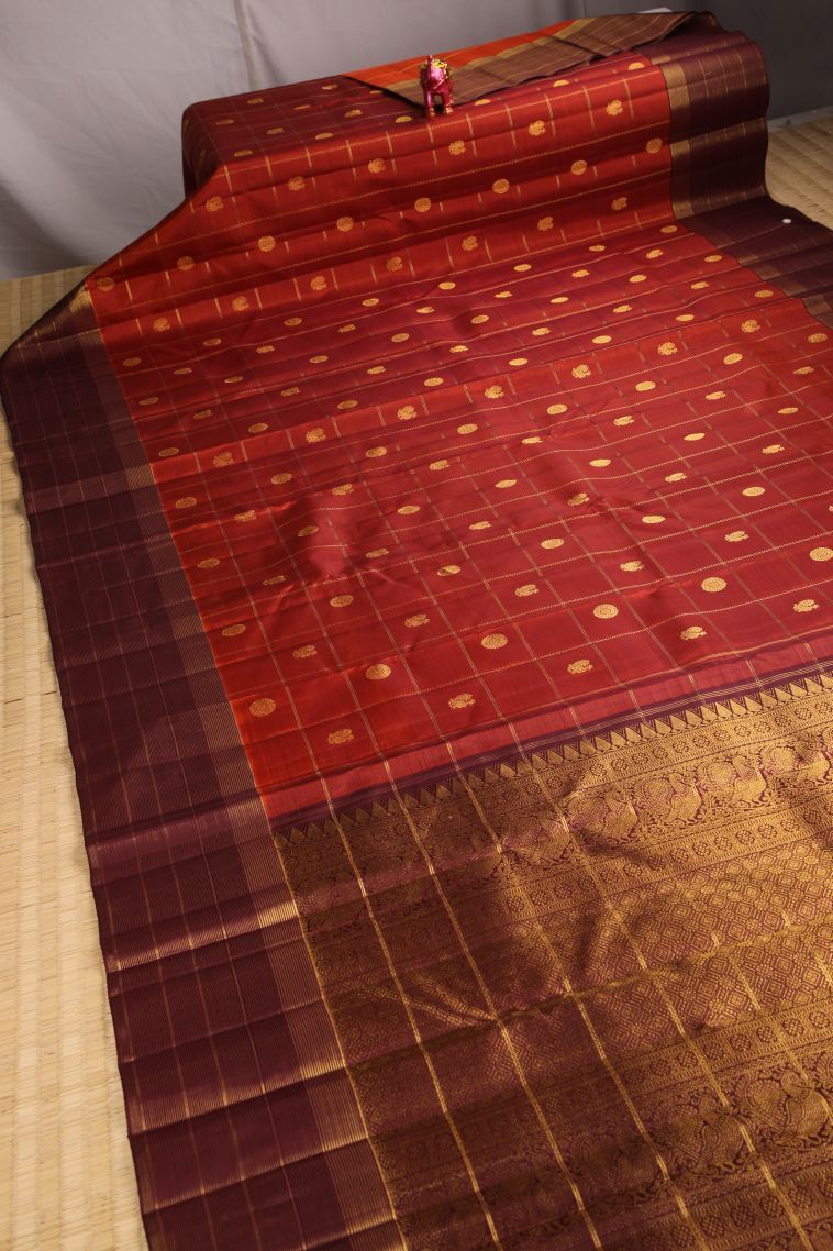 Yam Orange Kanchipuram Silk Sarees with Gold Zari Checks And Puttas view 2