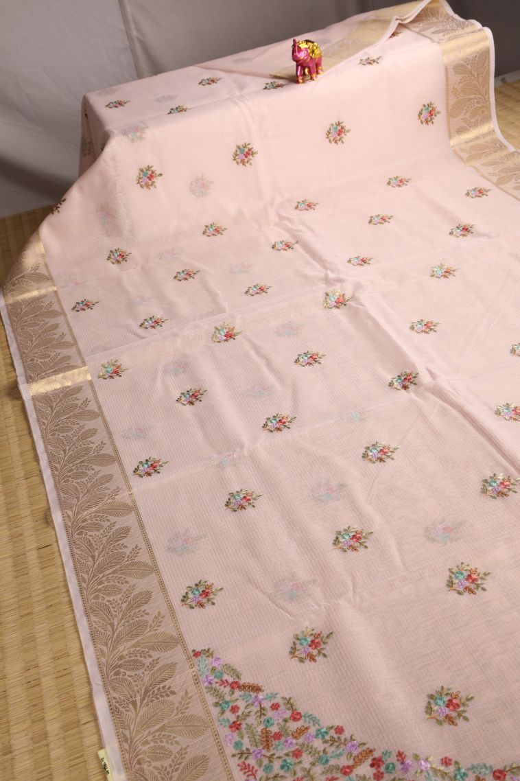 Lemonade Pink Organza Saree with Gold Zari Floral Patterns view 2