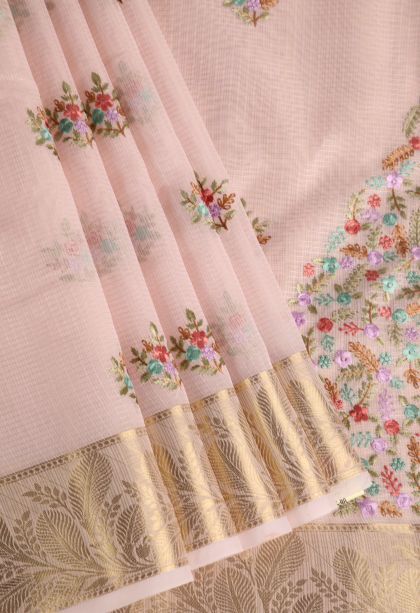 Lemonade Pink Organza Saree with Gold Zari Floral Patterns