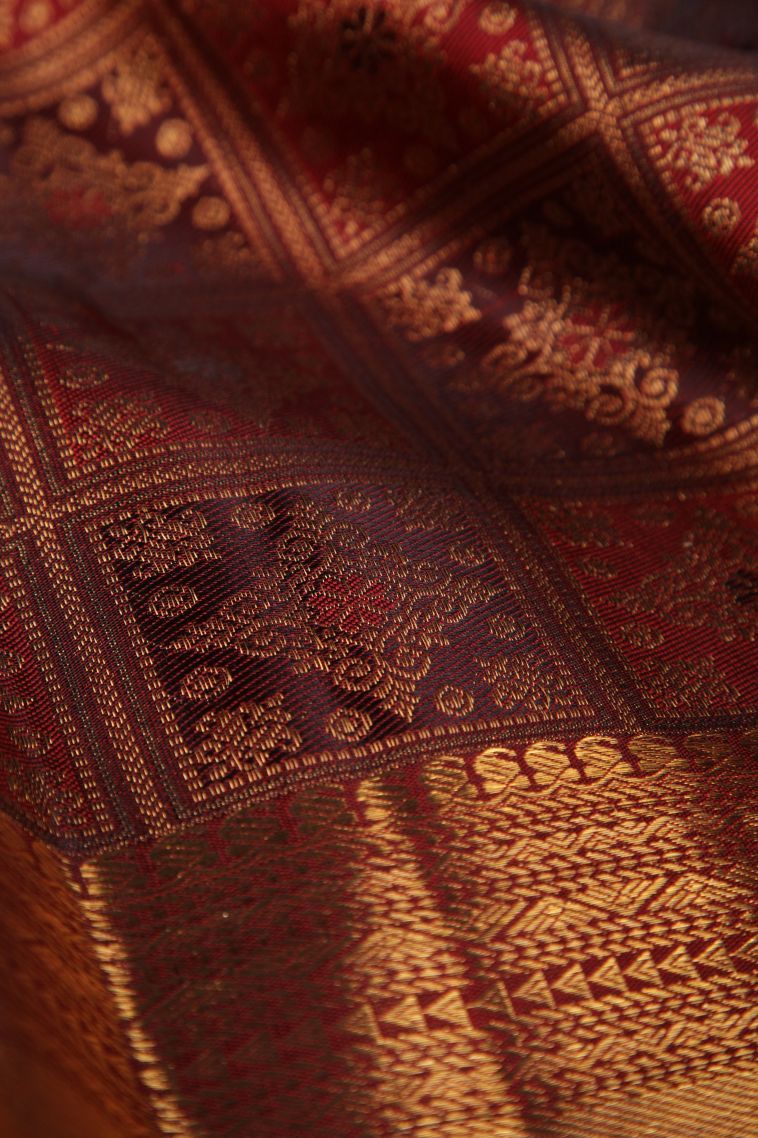 Mahome Red Kanchipuram Silk Sarees with Gold Zari Checks And Puttas view 4