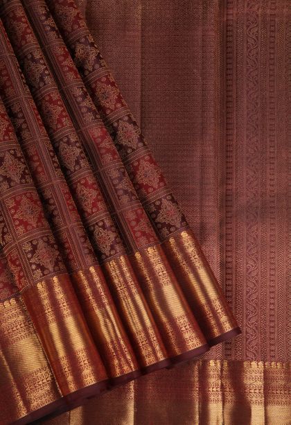 Mahome Red Kanchipuram Silk Sarees with Gold Zari Checks And Puttas