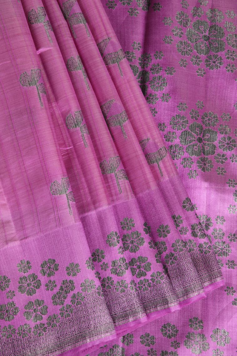 Taffy Pink Raw Silk Sarees with Without Zari Zari Floral Patterns view 1