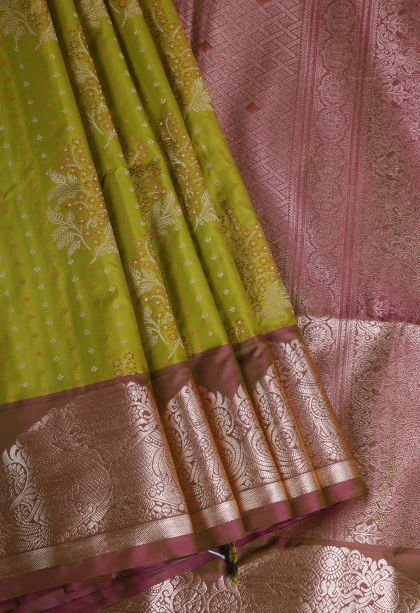 Basil Green Apoorva Silk Sarees with Gold Zari Floral Patterns