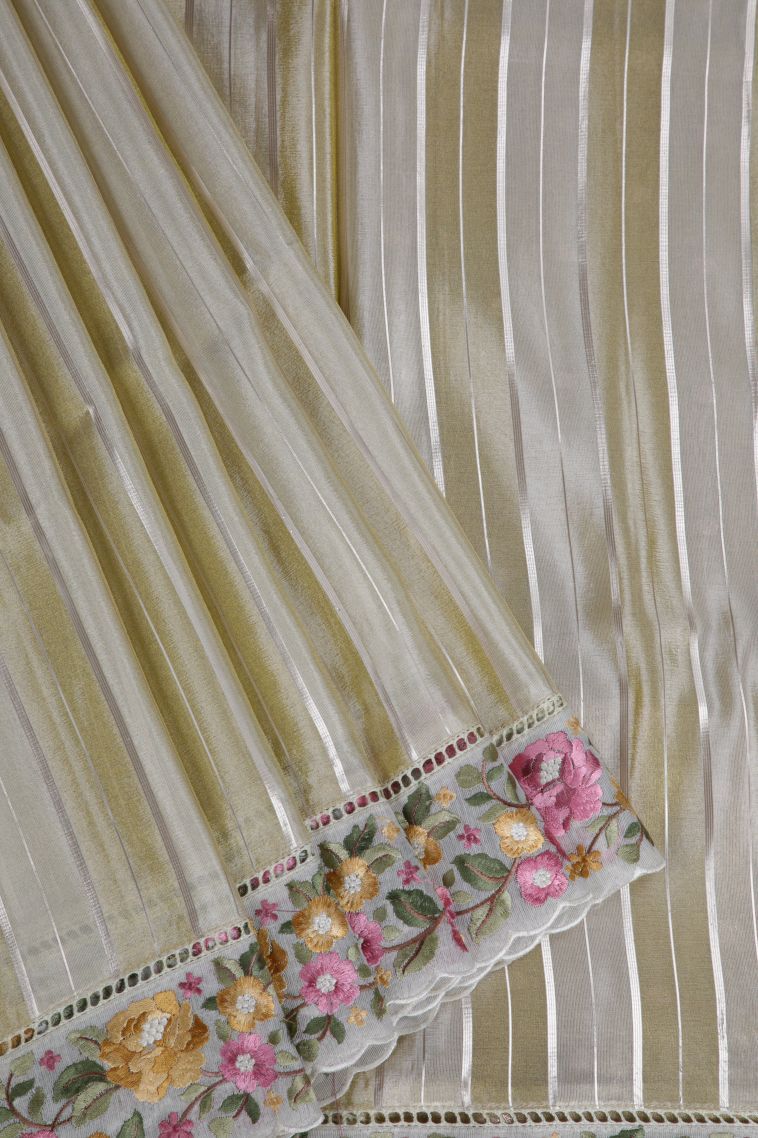 Oat Yellow Tussar Saree with Silver Zari Stripes view 1