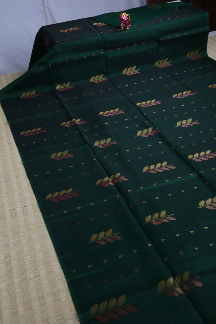Bottle Green Silk Cotton Sarees with Copper Zari Floral Patterns view 2