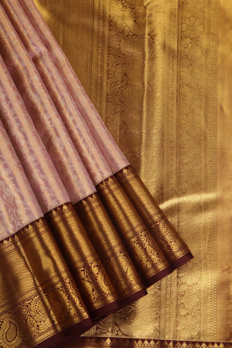 Crepe Pink Kanchipuram Silk Sarees with Gold Zari Floral Patterns view 1
