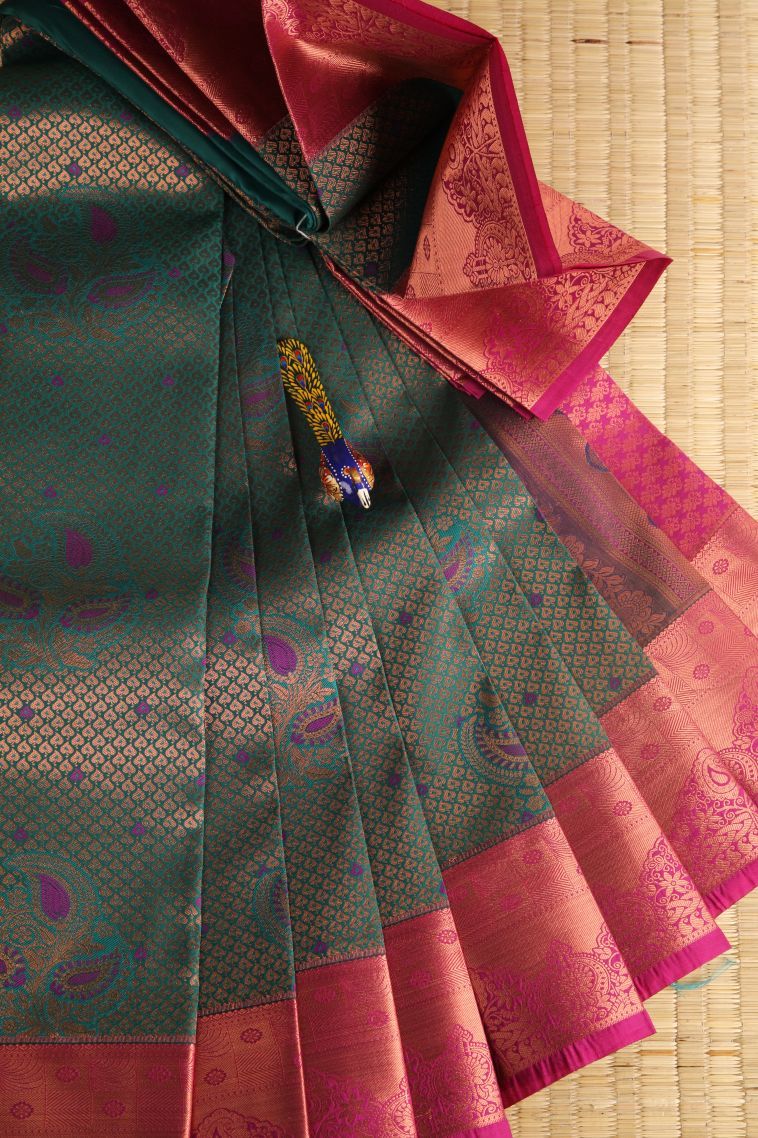 Pine Green Visiri Madippu Silk Sarees with Copper Zari Floral Patterns view 1