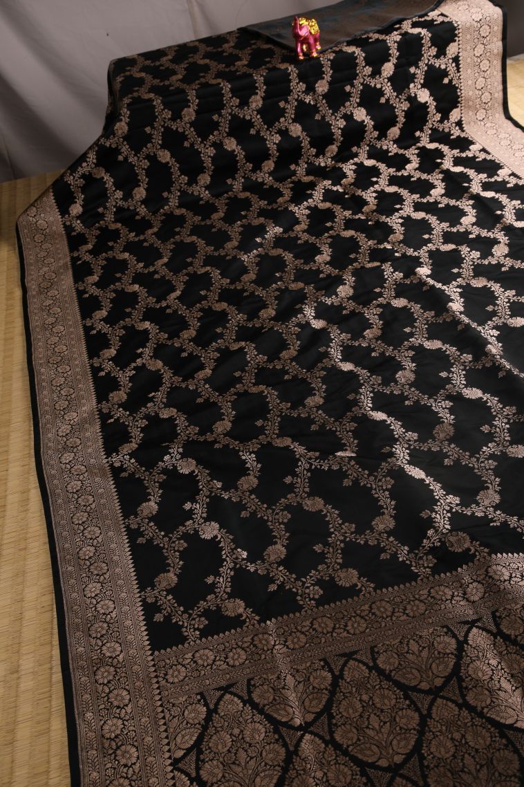 Onyx Black Banaras Sarees with Gold Zari Floral Patterns view 2