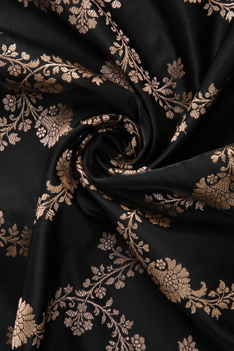 Onyx Black Banaras Sarees with Gold Zari Floral Patterns view 4