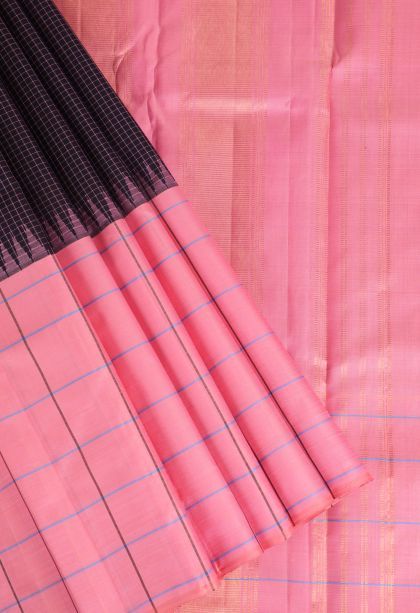 Indigo Blue Kanchipuram Silk Sarees with Gold Zari Checks