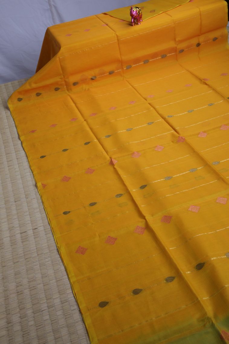 Merigold Orange Silk Cotton Sarees with Gold And Silver Zari Floral Patterns view 2