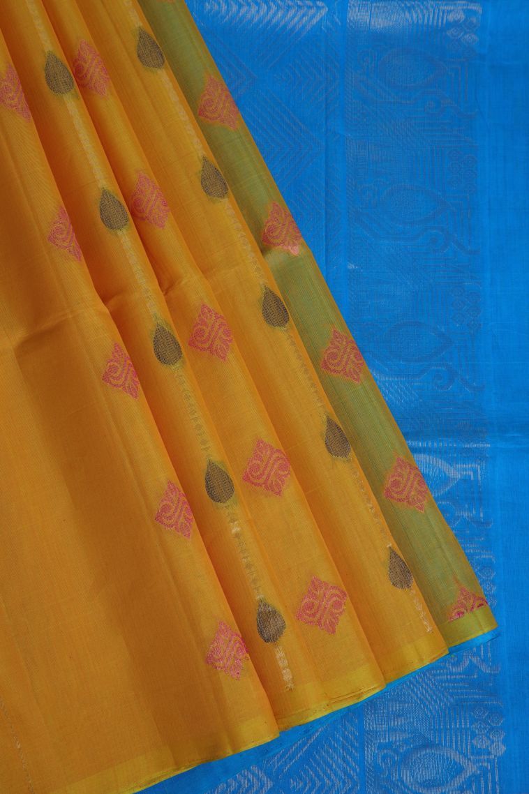 Merigold Orange Silk Cotton Sarees with Gold And Silver Zari Floral Patterns view 1