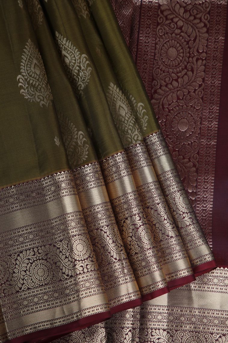 Juniper Green Soft Silk Saree with Gold Zari Floral Patterns view 1