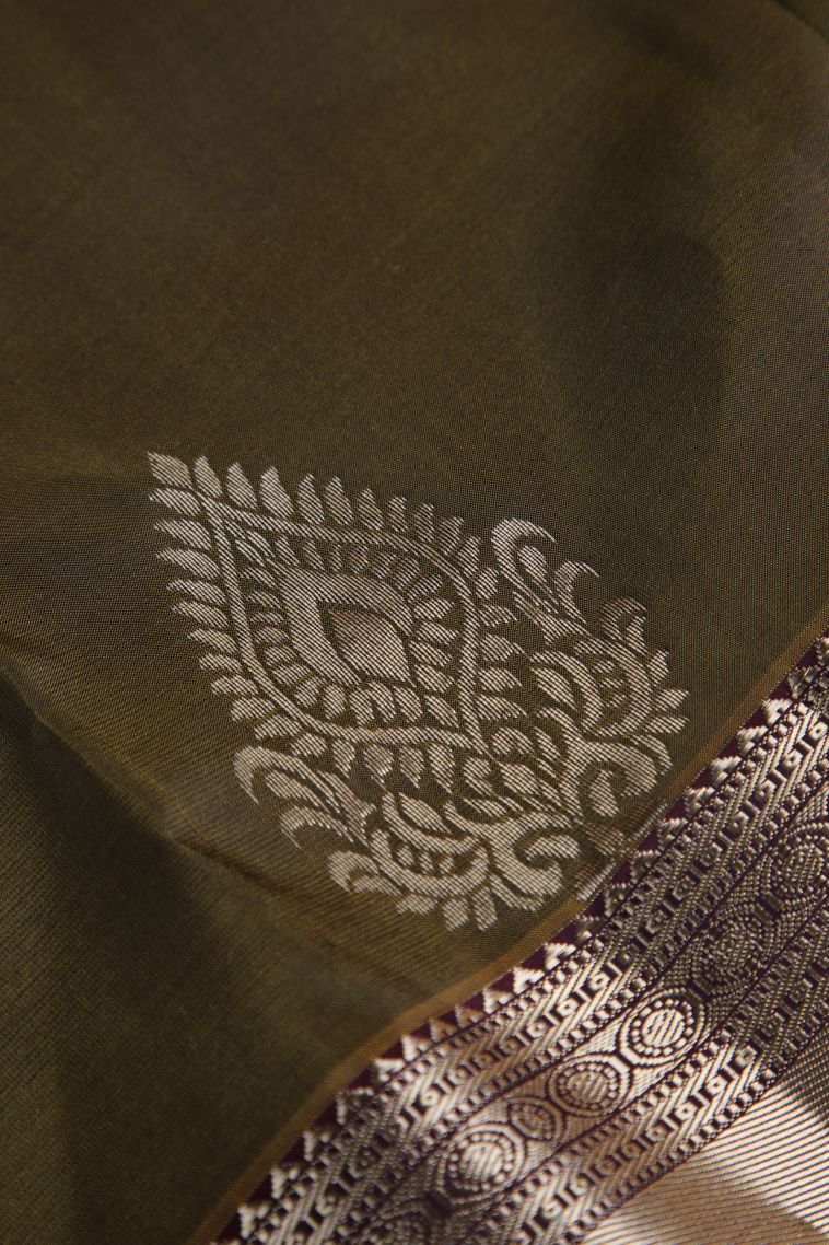 Juniper Green Soft Silk Saree with Gold Zari Floral Patterns view 4