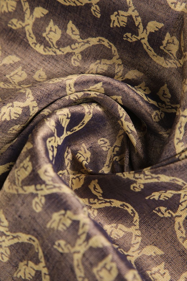 Indigo Blue Semi Raw Silk Printed with Gold Zari Floral Patterns view 4