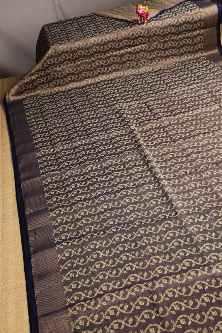 Indigo Blue Semi Raw Silk Printed with Gold Zari Floral Patterns view 2