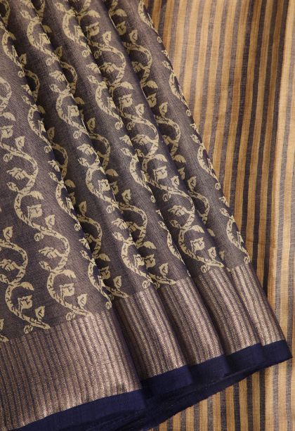 Indigo Blue Semi Raw Silk Printed with Gold Zari Floral Patterns