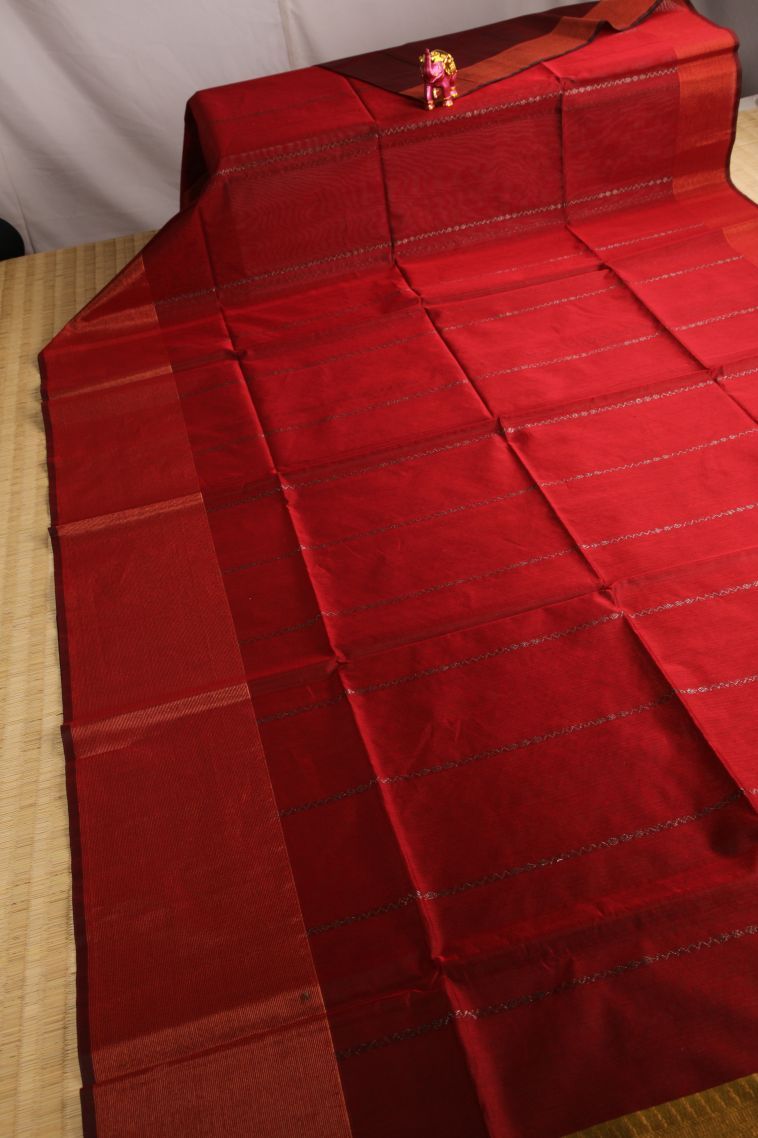 Cherry  Red Silk Cotton Sarees with Gold Zari Stripes view 2