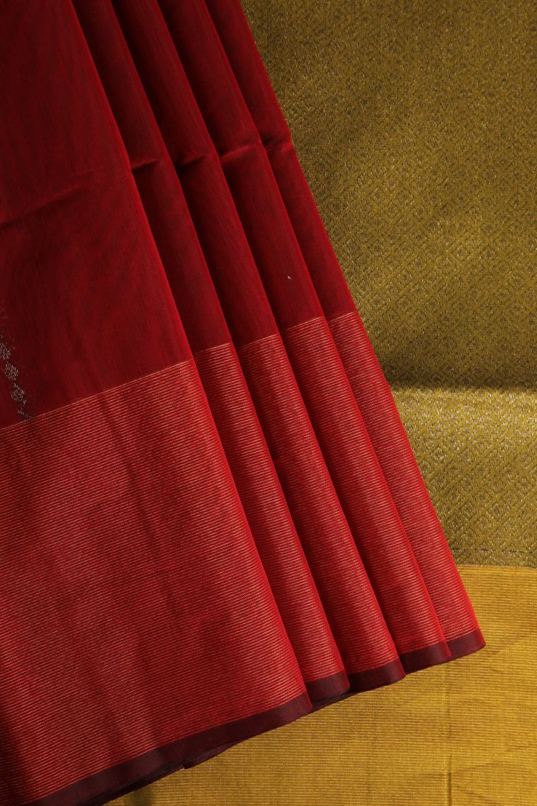 Cherry  Red Silk Cotton Sarees with Gold Zari Stripes view 1