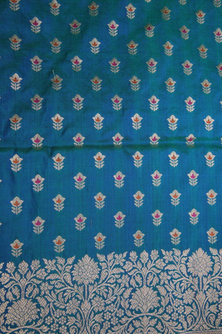 Cerulean Blue Banaras Silk Saree with Gold Zari Floral Patterns view 3