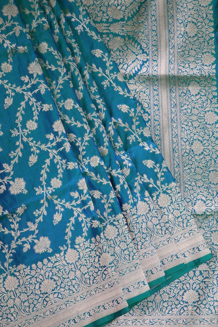 Cerulean Blue Banaras Silk Saree with Gold Zari Floral Patterns view 1