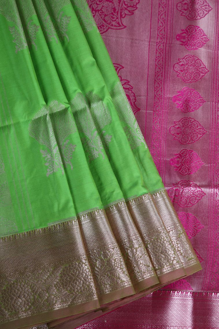 Basil Green Apoorva Silk Sarees with Gold Zari Floral Patterns view 1