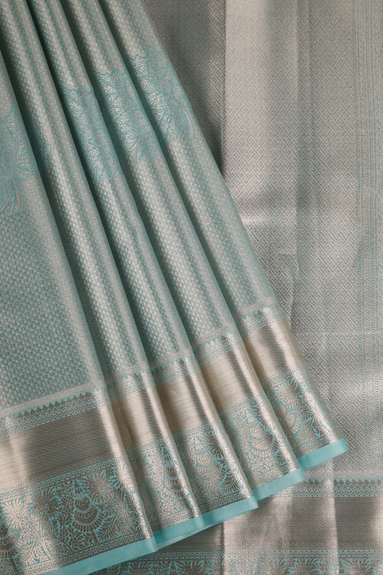 Peacock Blue Tissue Silk Sarees with Gold Zari Floral Patterns view 1