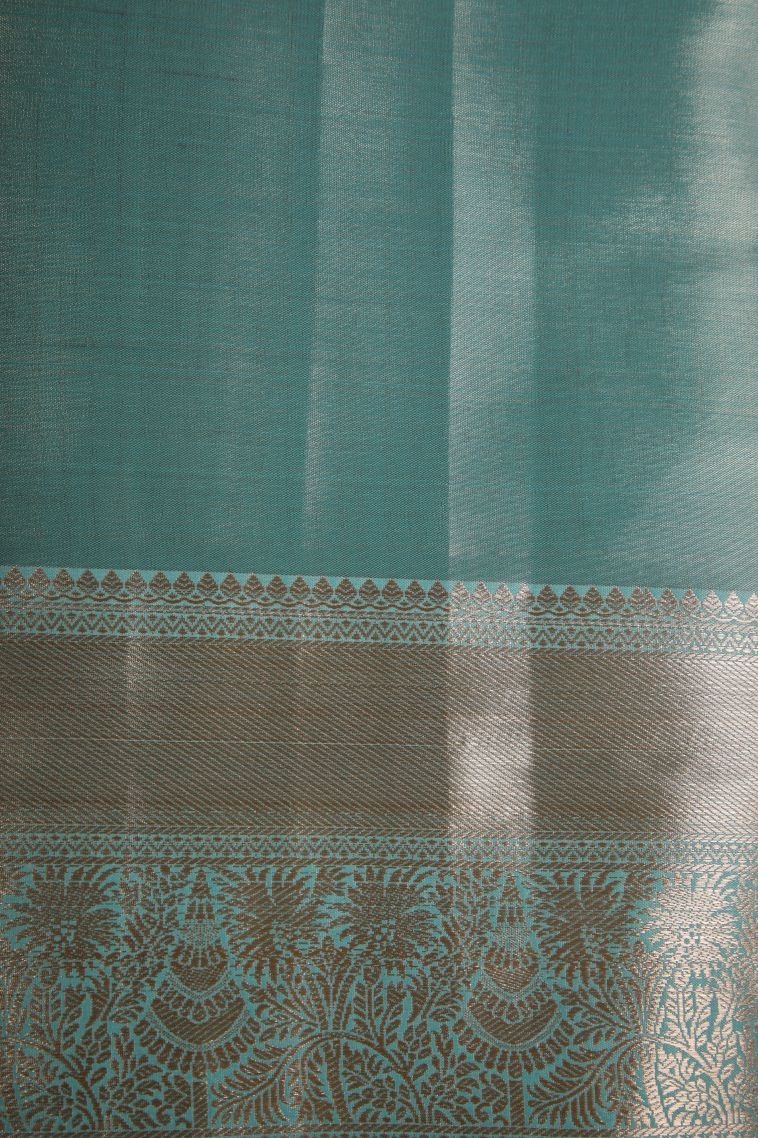 Peacock Blue Tissue Silk Sarees with Gold Zari Floral Patterns view 3