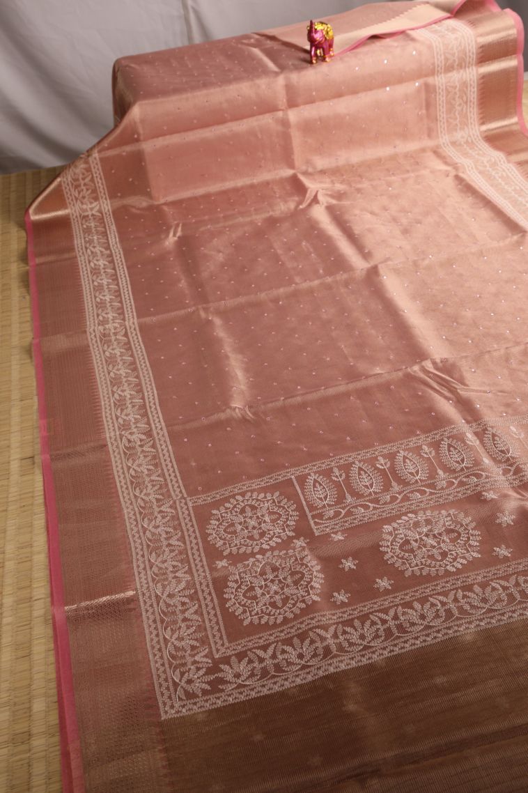 Lemonade Pink Tissue Silk Sarees with Gold Zari Mirror Jamiki Puttas view 2