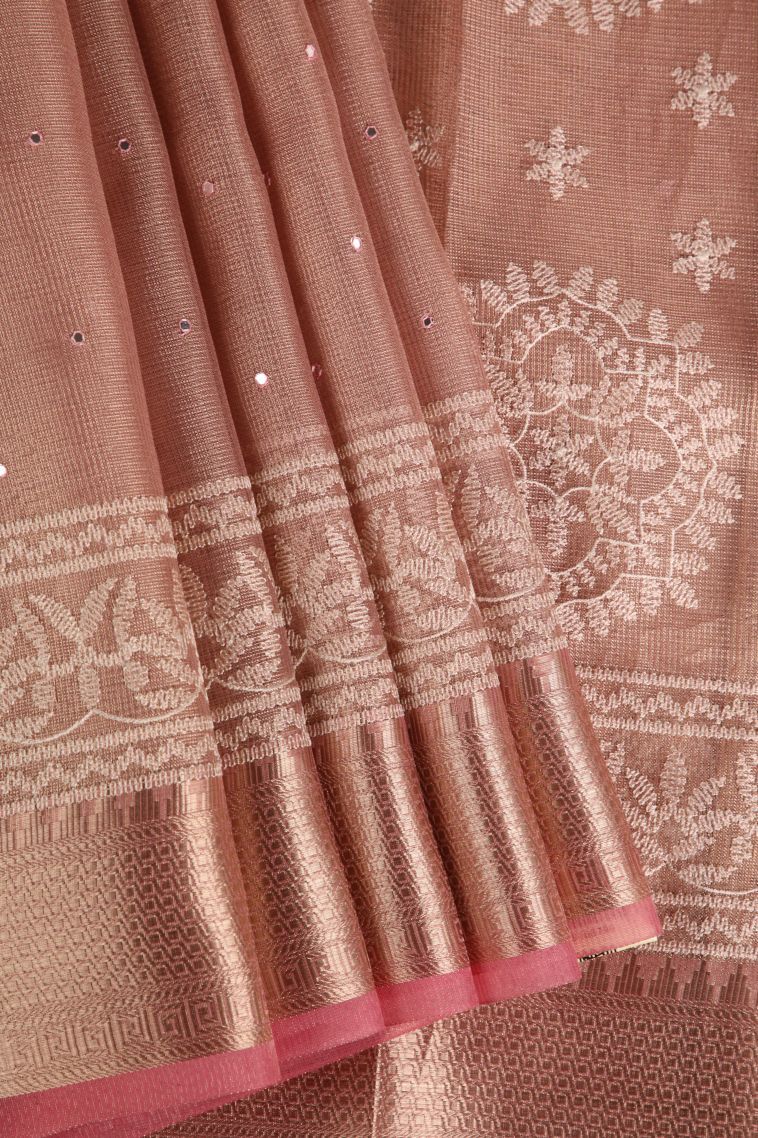 Lemonade Pink Tissue Silk Sarees with Gold Zari Mirror Jamiki Puttas view 1