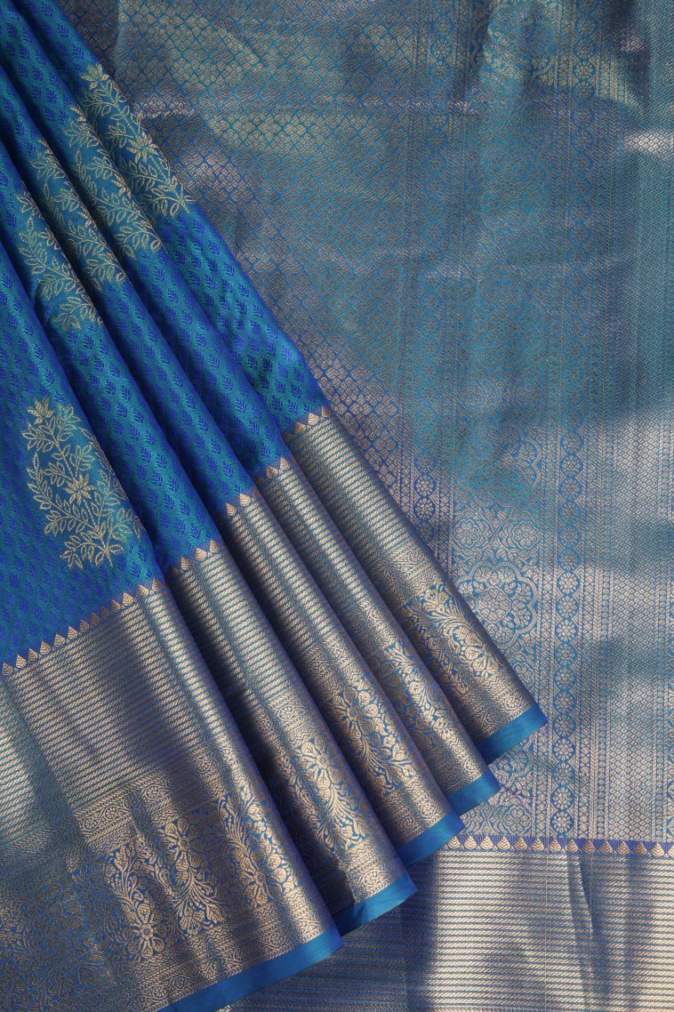Cobalt Blue Apoorva Silk Sarees with Gold Zari Floral Patterns view 1
