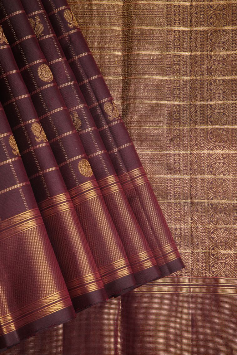 Bosenberry Purple Kanchipuram Silk Sarees with Gold Zari Checks And Puttas view 1