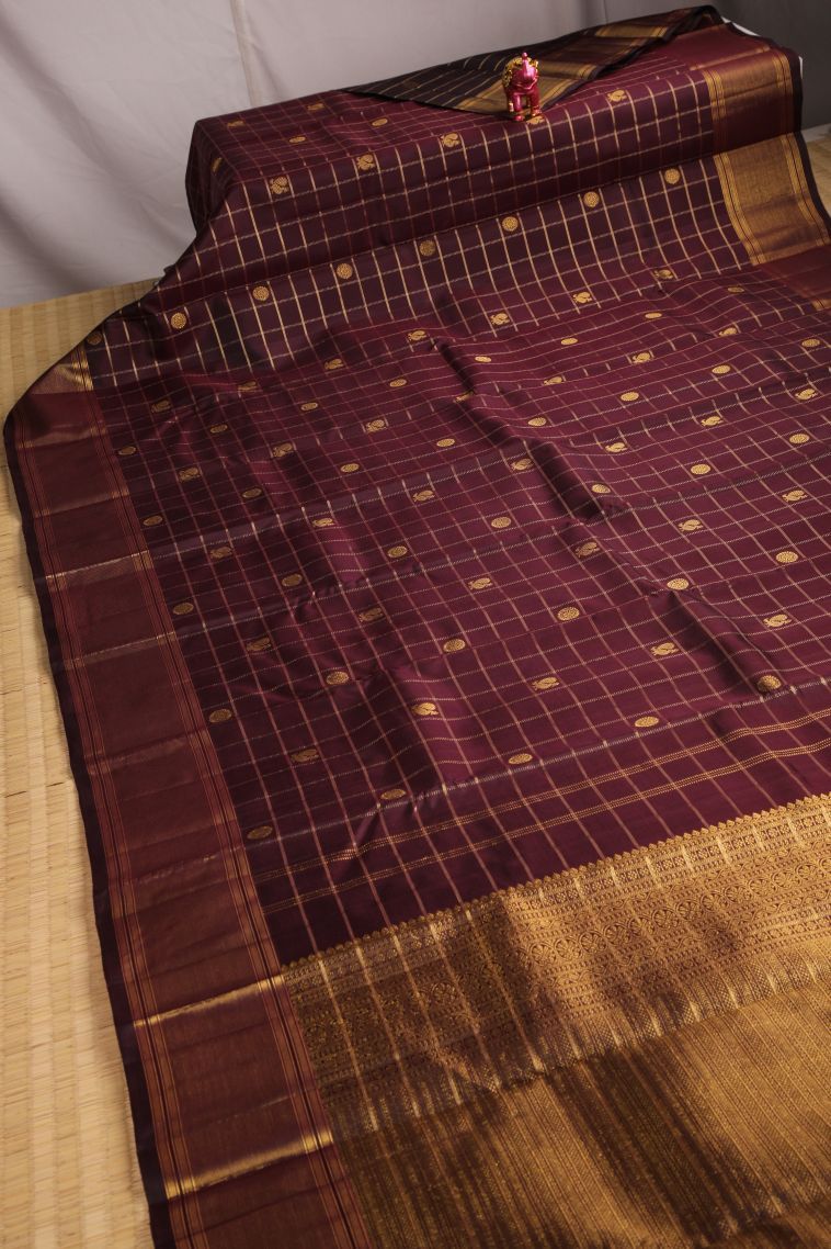 Bosenberry Purple Kanchipuram Silk Sarees with Gold Zari Checks And Puttas view 2
