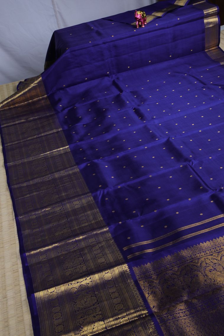 Admiral Blue Kanchipuram Silk Sarees with Gold Zari Buttis (small Dots Or Motifs) view 2