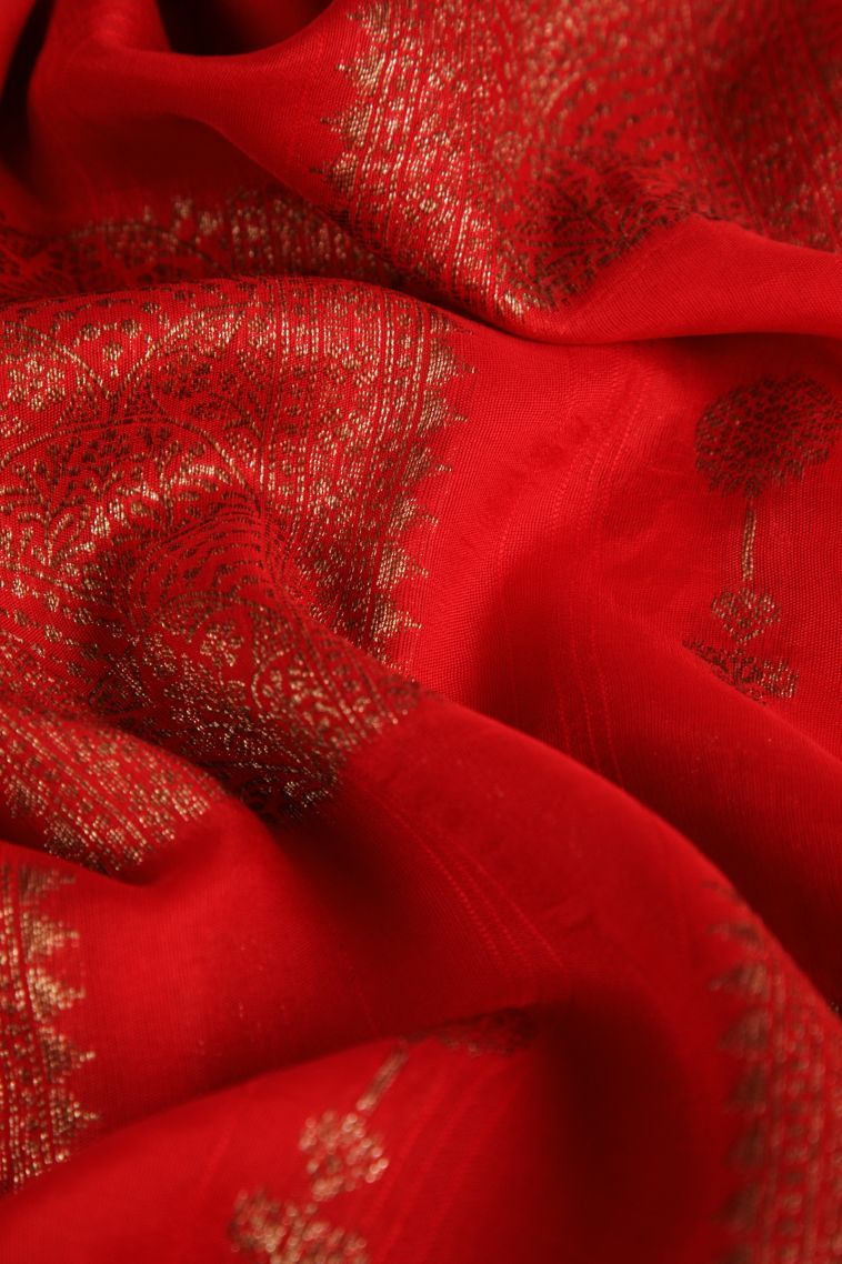 Candy Red Banaras Sarees with Gold Zari Geometric Shapes view 4