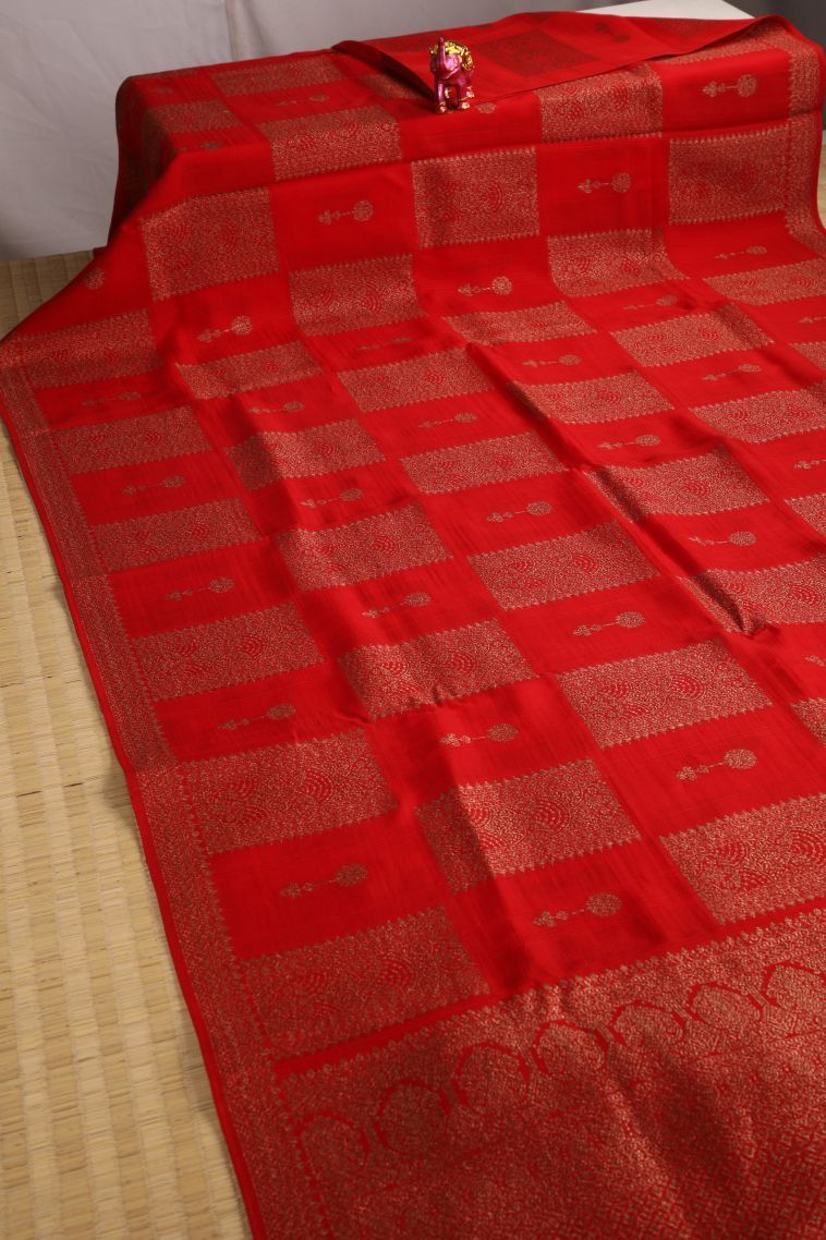 Candy Red Banaras Sarees with Gold Zari Geometric Shapes view 2