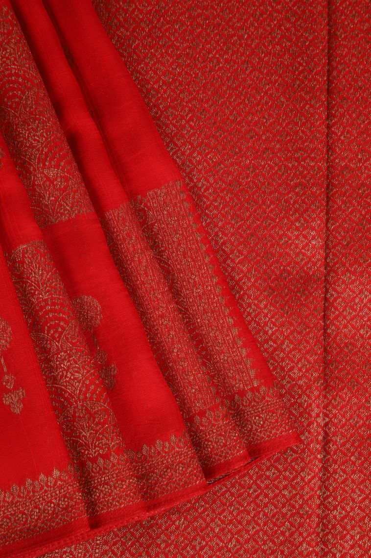 Candy Red Banaras Sarees with Gold Zari Geometric Shapes view 1