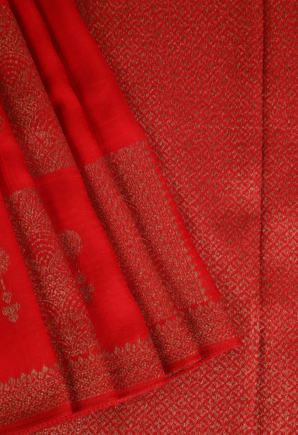 Candy Red Banaras Sarees with Gold Zari Geometric Shapes