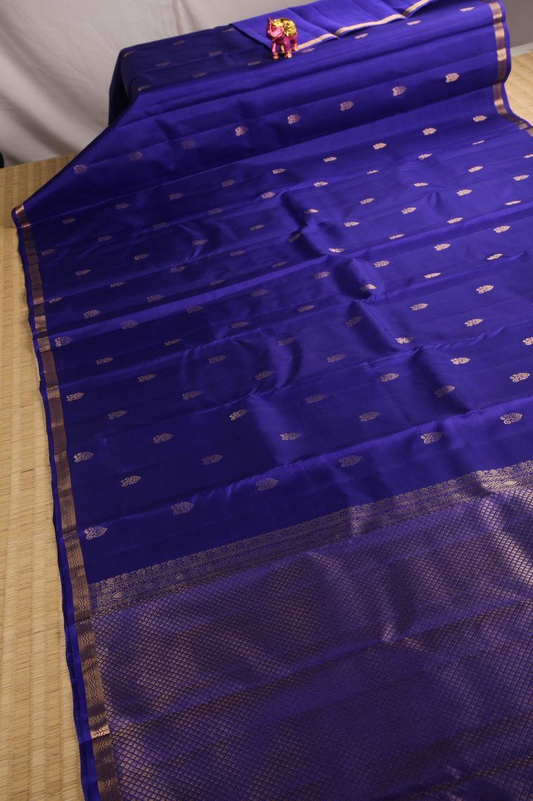 Cobalt Blue Soft Silk Saree with Gold Zari Floral Puttas view 2