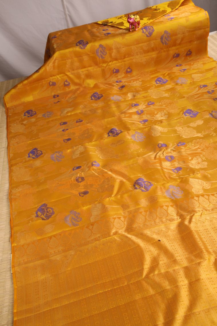 Merigold Orange Silk Sarees with Gold Zari Floral Patterns view 2