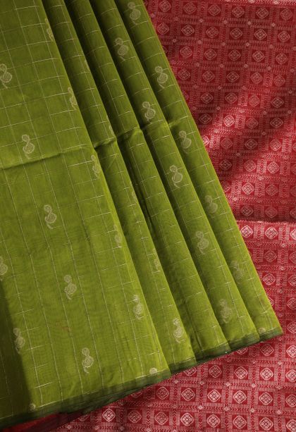 Pear Green Silk Cotton Sarees with Gold Zari Checks And Puttas