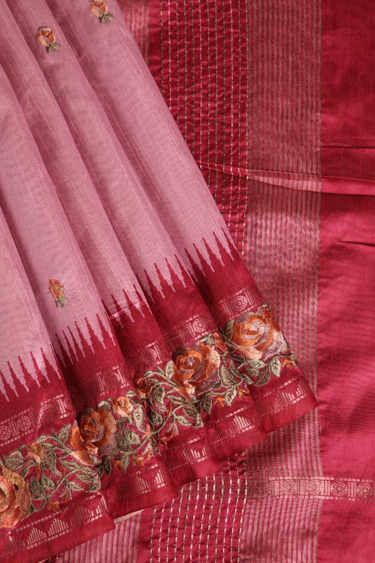 Crepe Pink Raw Silk Sarees with Without Zari Zari Floral Patterns view 1