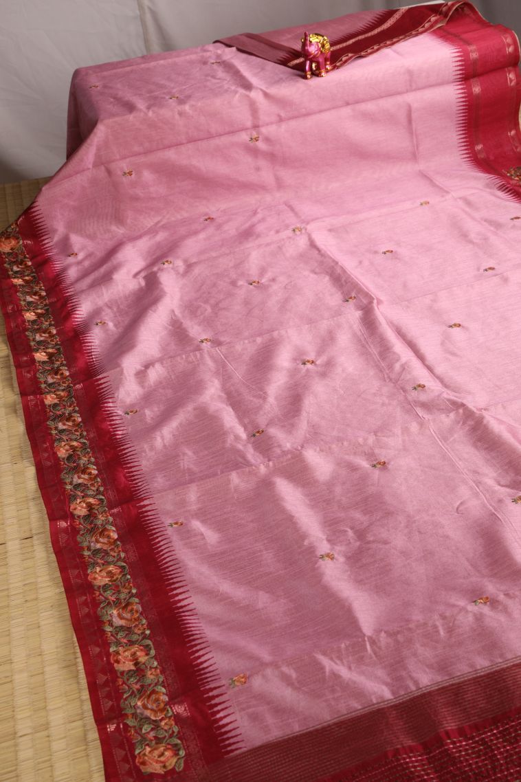 Crepe Pink Raw Silk Sarees with Without Zari Zari Floral Patterns view 2