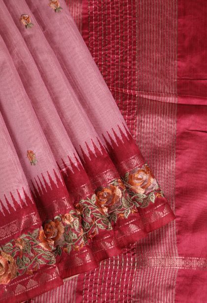 Crepe Pink Raw Silk Sarees with Without Zari Zari Floral Patterns