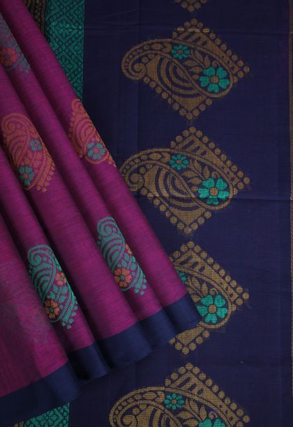 Magenta  Pink Pure Handloom Kovai Cotton with Without Zari Zari Floral Patterns