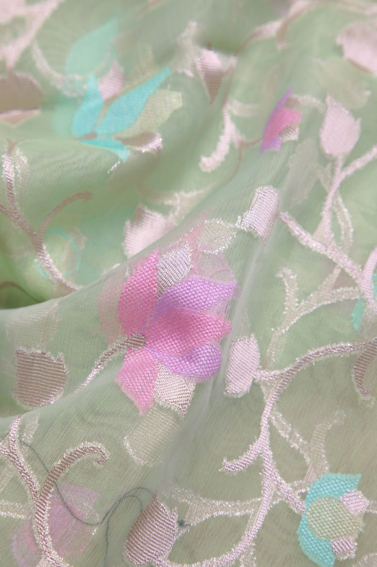 Pistachio Green Organza Saree with Copper Zari Floral Patterns view 4